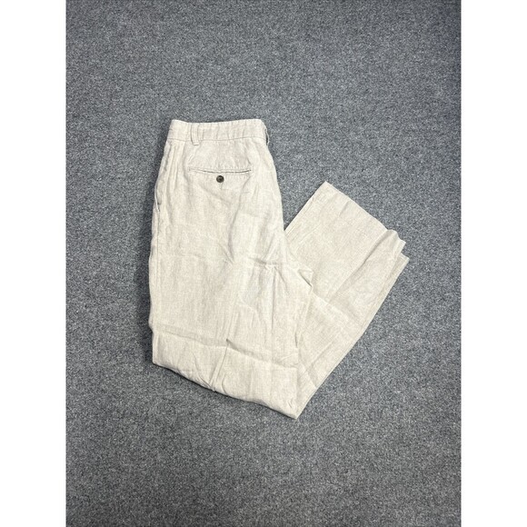 Eddie Bauer Linen Pants Men's Size 35x32 Beige Khaki Pleated Dress Slacks - Picture 1 of 8